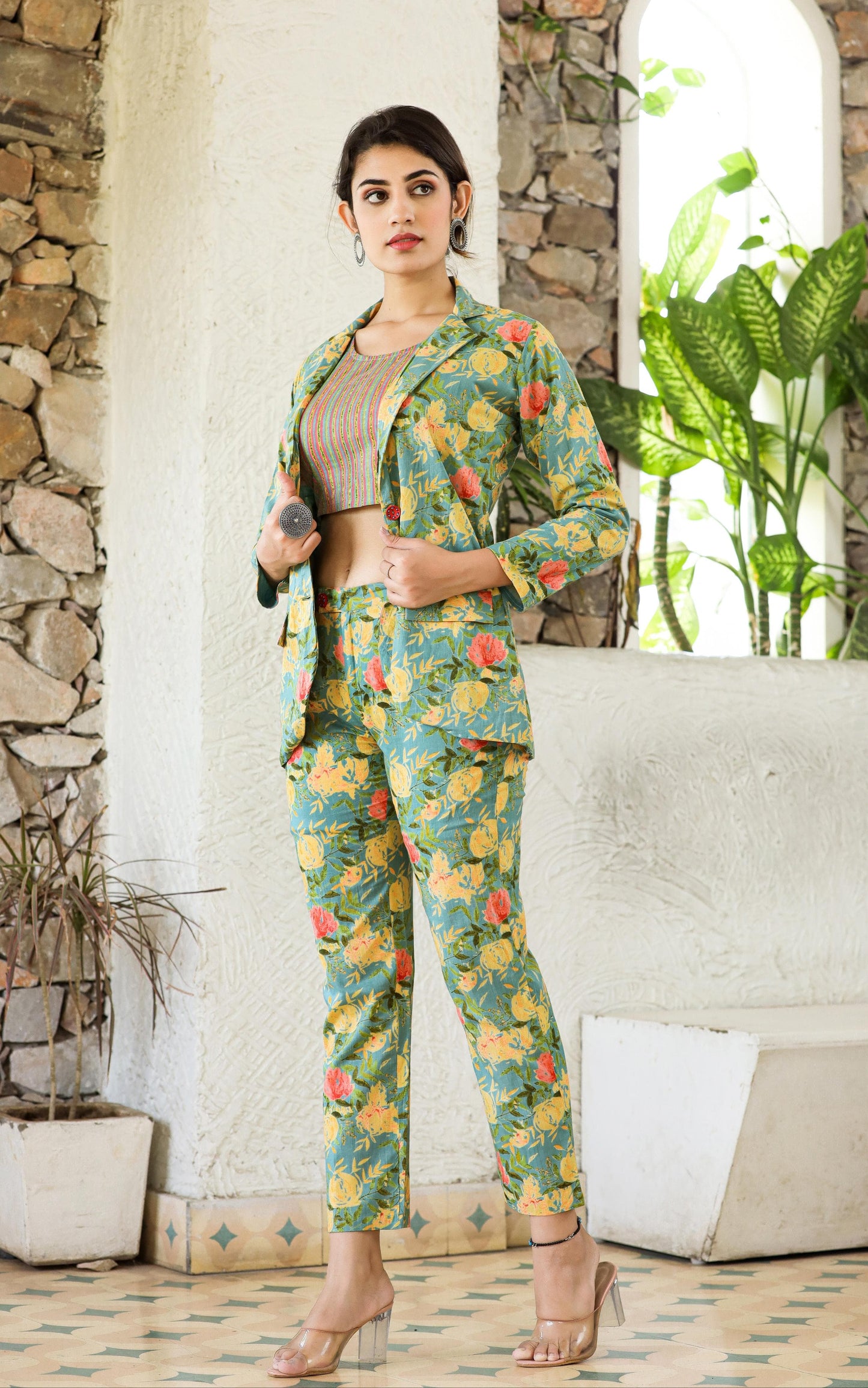 Beautiful Floral Green Co-ord Set With Blazer