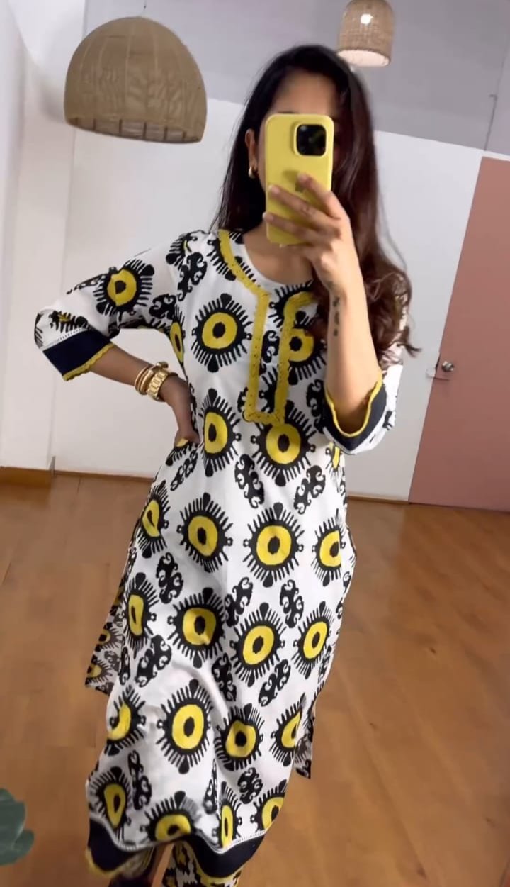 Designer Yellow & White Printed Co-ord set