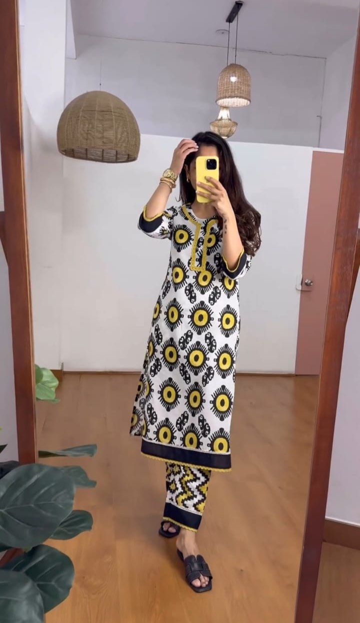 Designer Yellow & White Printed Co-ord set