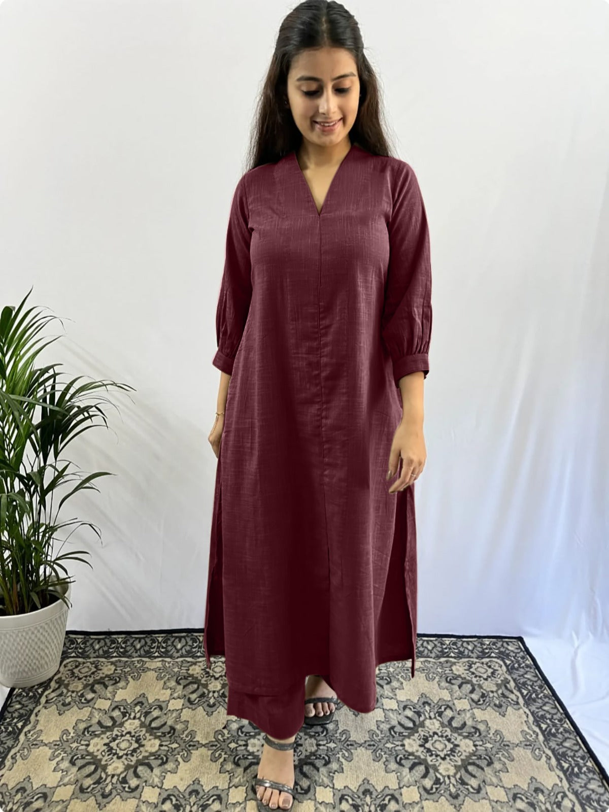 Classy V- Neck Solid Co-ord Set