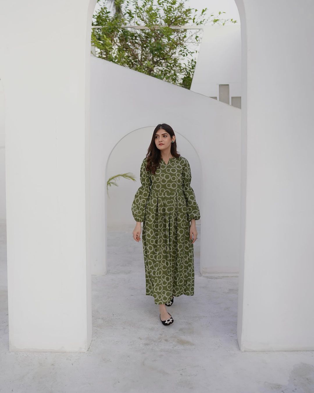 Elegant Green Printed Midi Dress