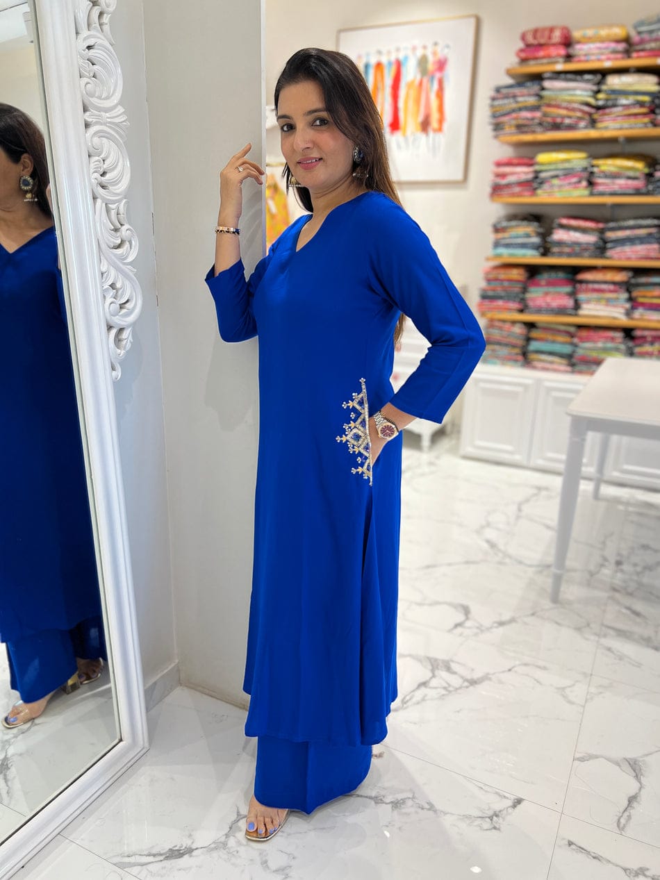 Blue Long Embroidered Co-ord Set