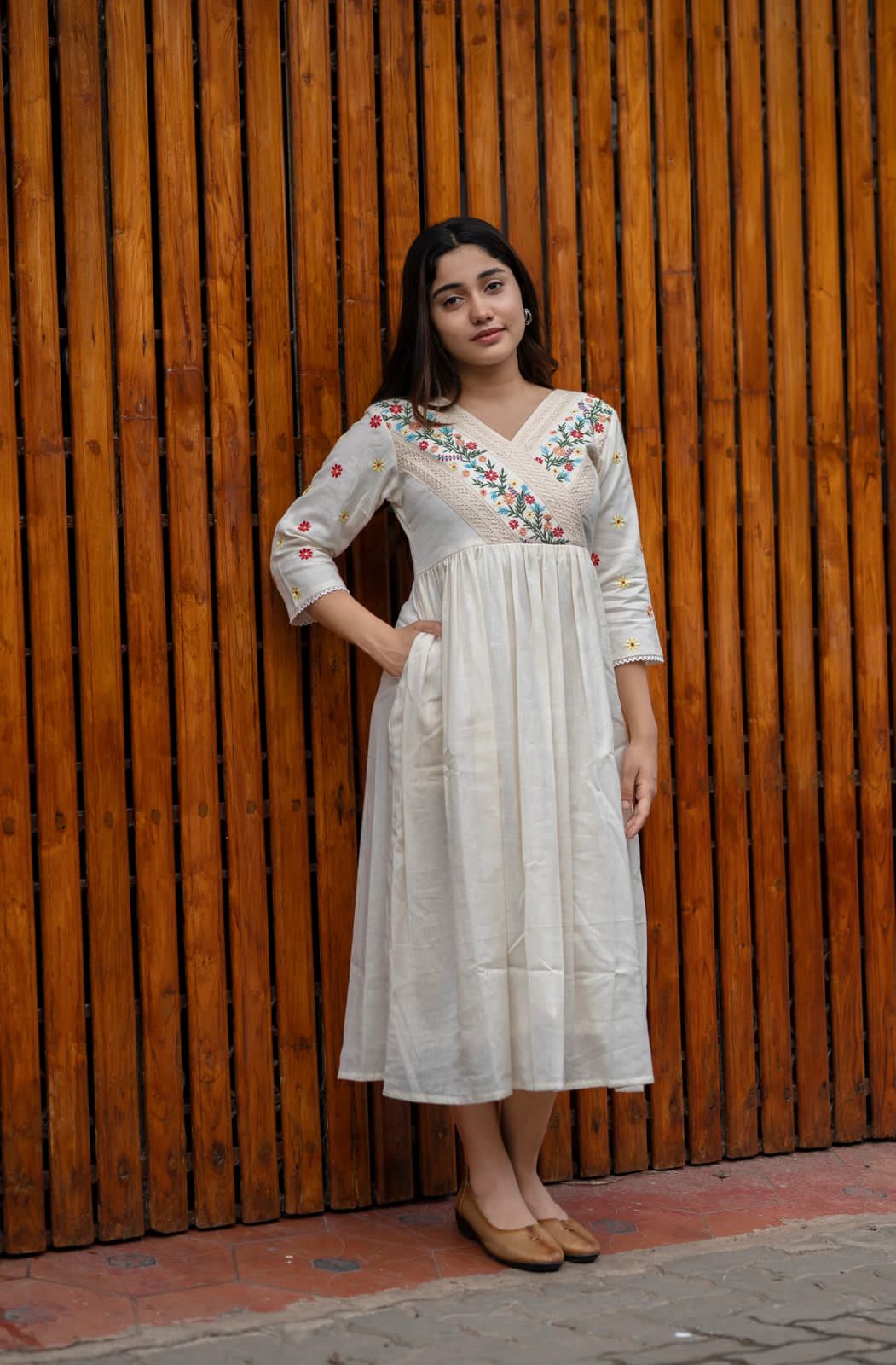 Off-White Floral Embroidered Midi Dress