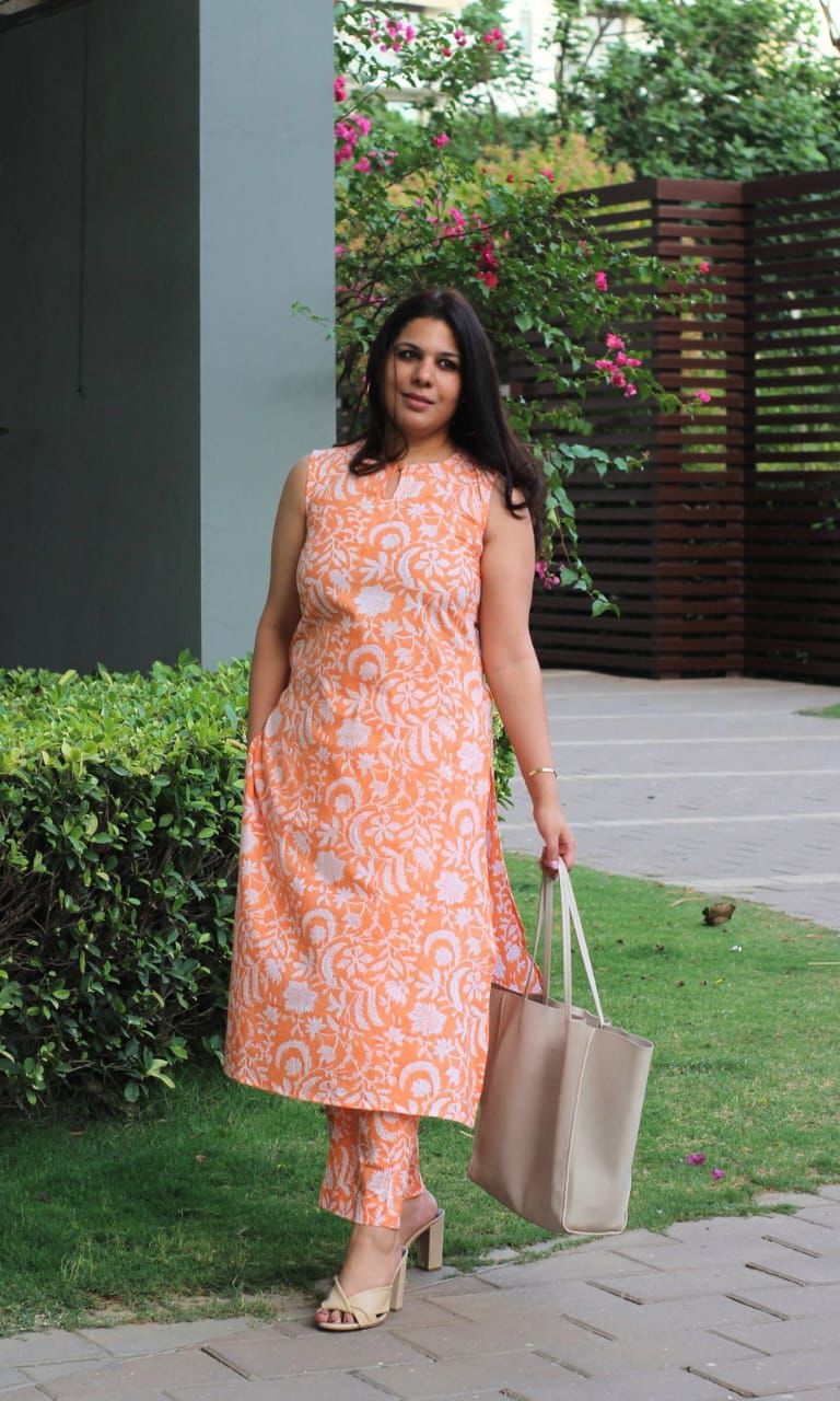 Elegant Orange Floral Printed Co-ord Set