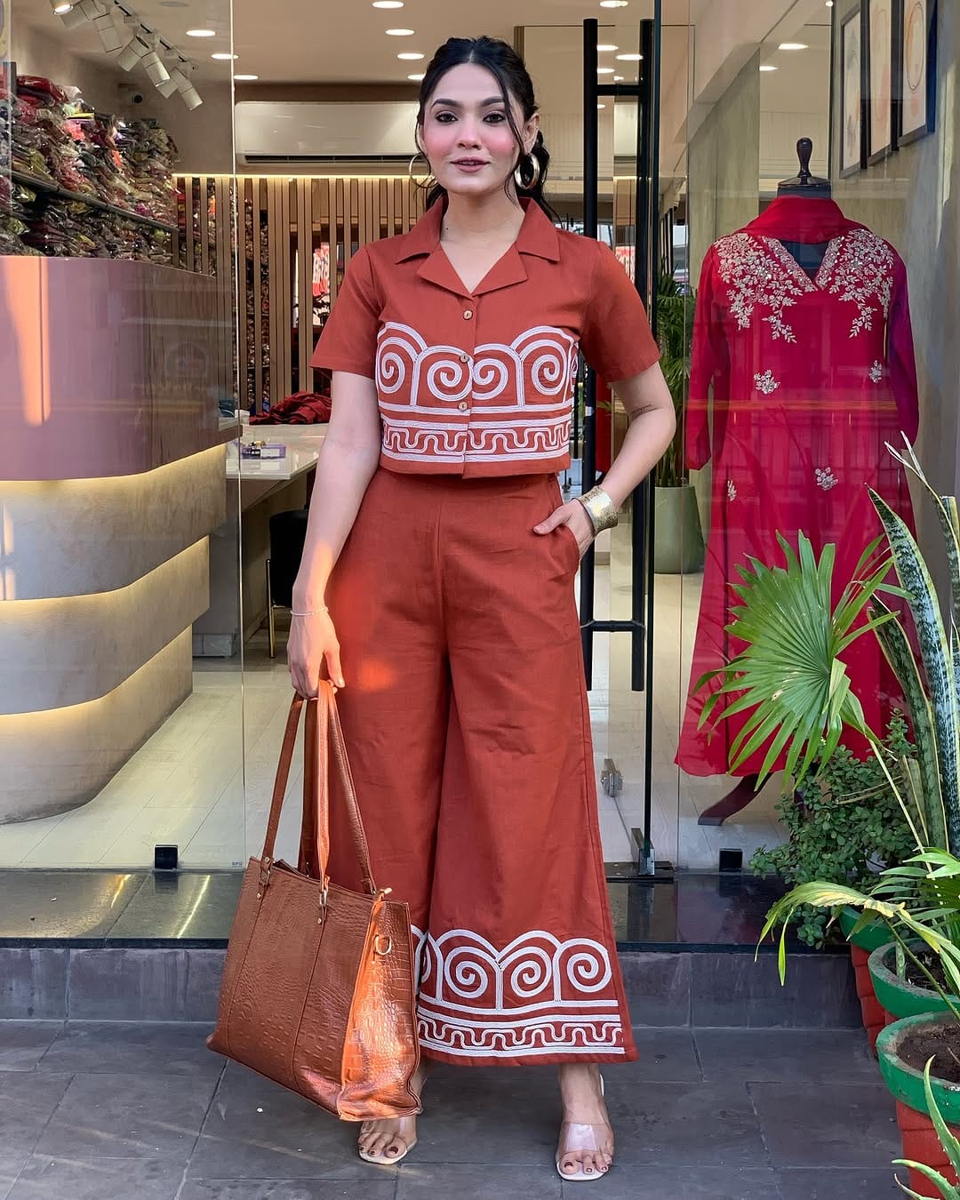 Stylish Orange Embroidered Co-ord Set