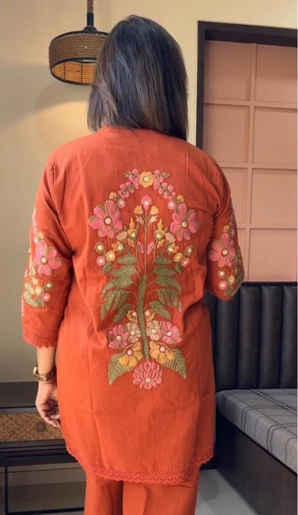 Elegant Orange Embroidered Co-ord Set