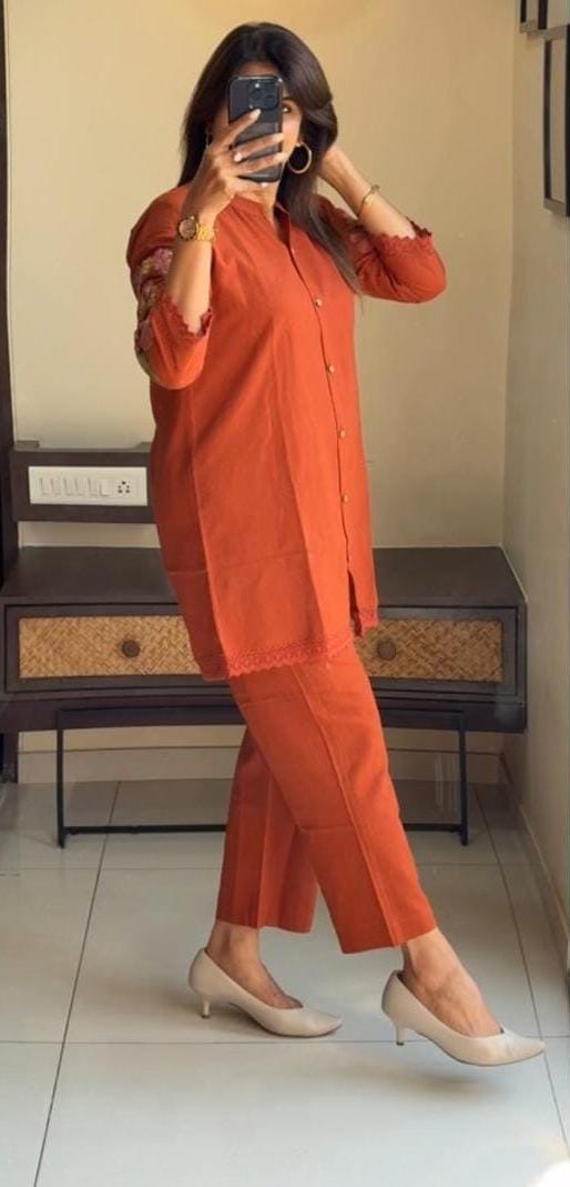 Elegant Orange Embroidered Co-ord Set