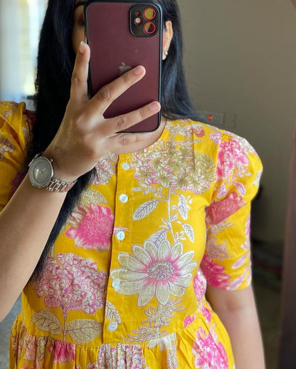 Beautiful Yellow Color Printed Midi Kurti