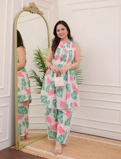Stylish White Floral Printed Co-ord Set