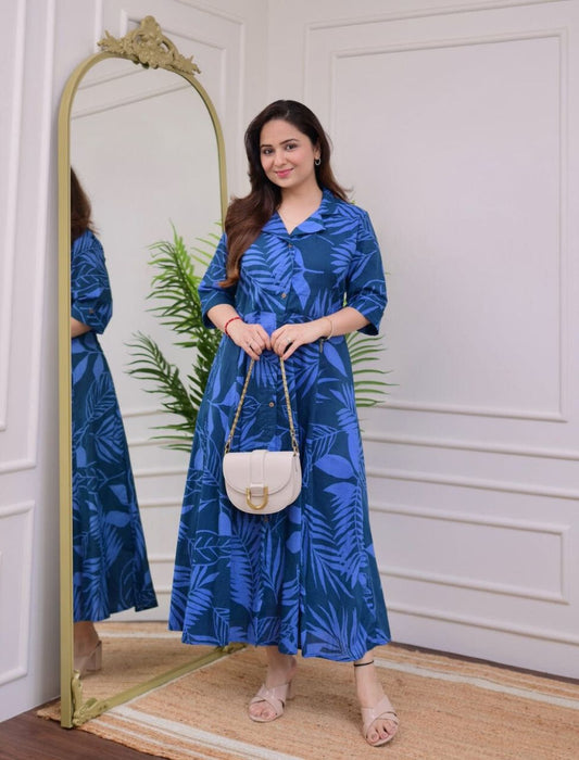 Premium Floral Blue Printed Midi Dress