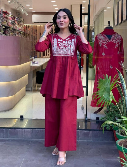 Designer Red Embroidered Co-ord Set