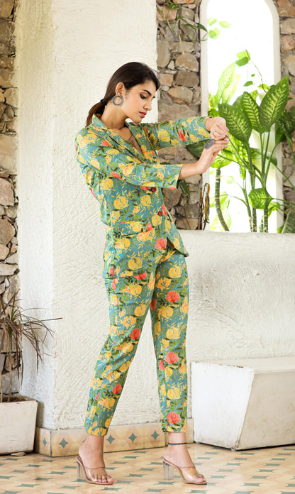 Beautiful Floral Green Co-ord Set With Blazer