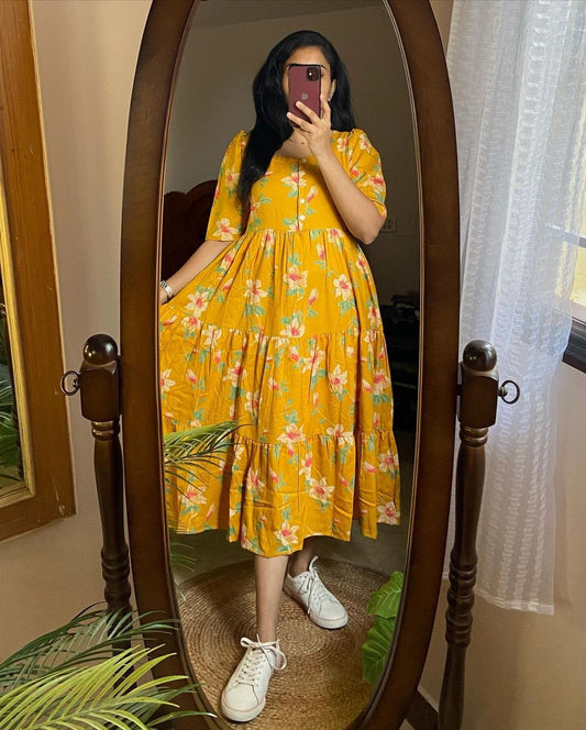 Beautiful Yellow Color Embroidery Midi Dress
