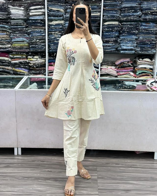 Floral White Classy Embroidered Co-ord set