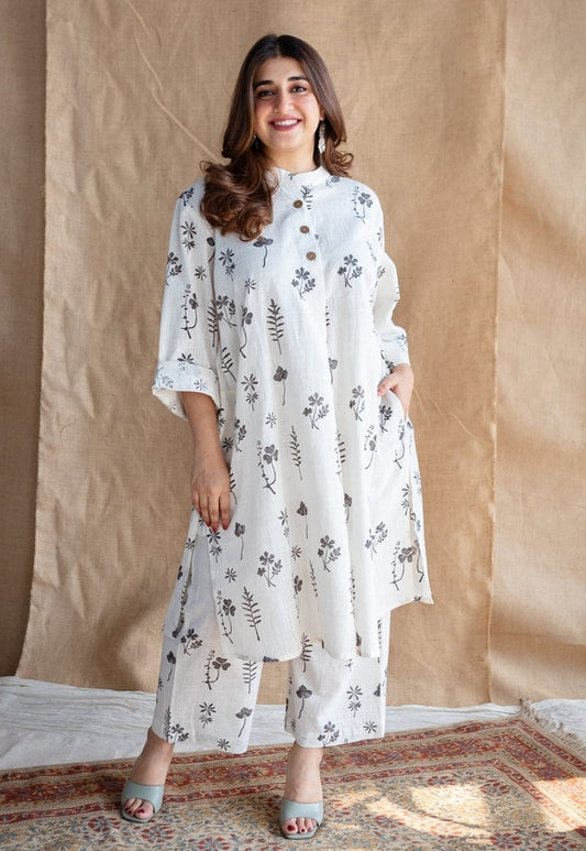 Elegant White Floral Printed Co-ord Set