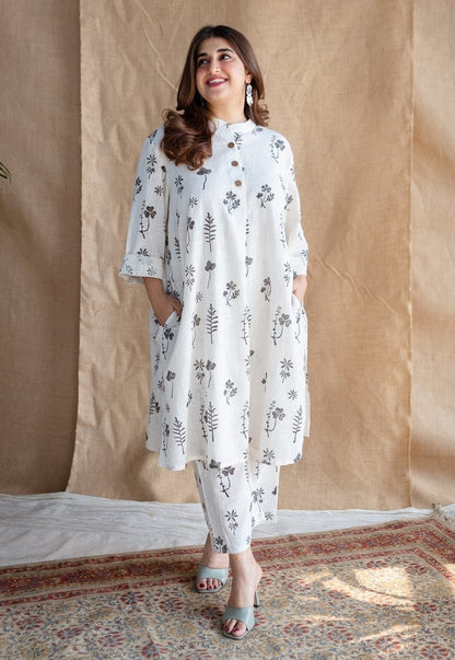 Elegant White Floral Printed Co-ord Set