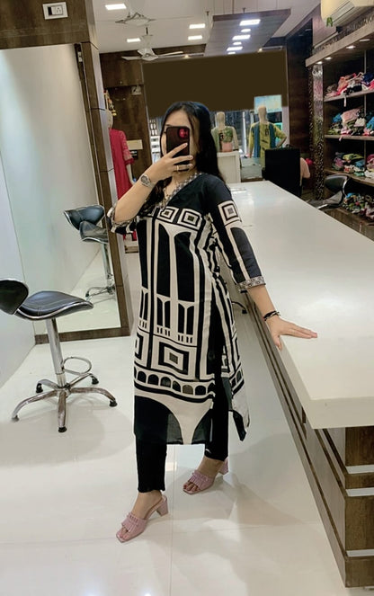 Black & white Muslin long Co-ord Set