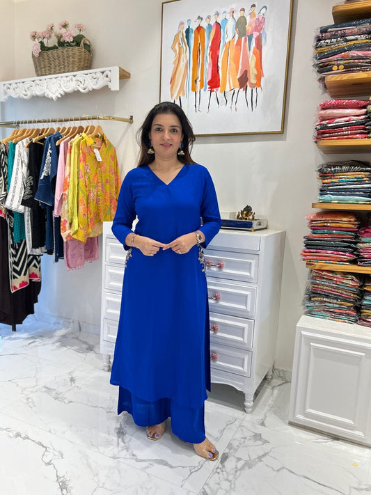 Blue Long Embroidered Co-ord Set