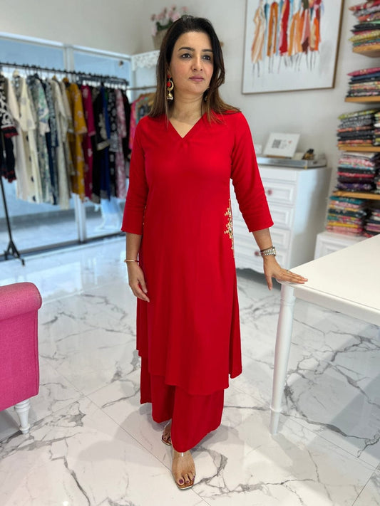 Red Long Embroidered Co-ord Set