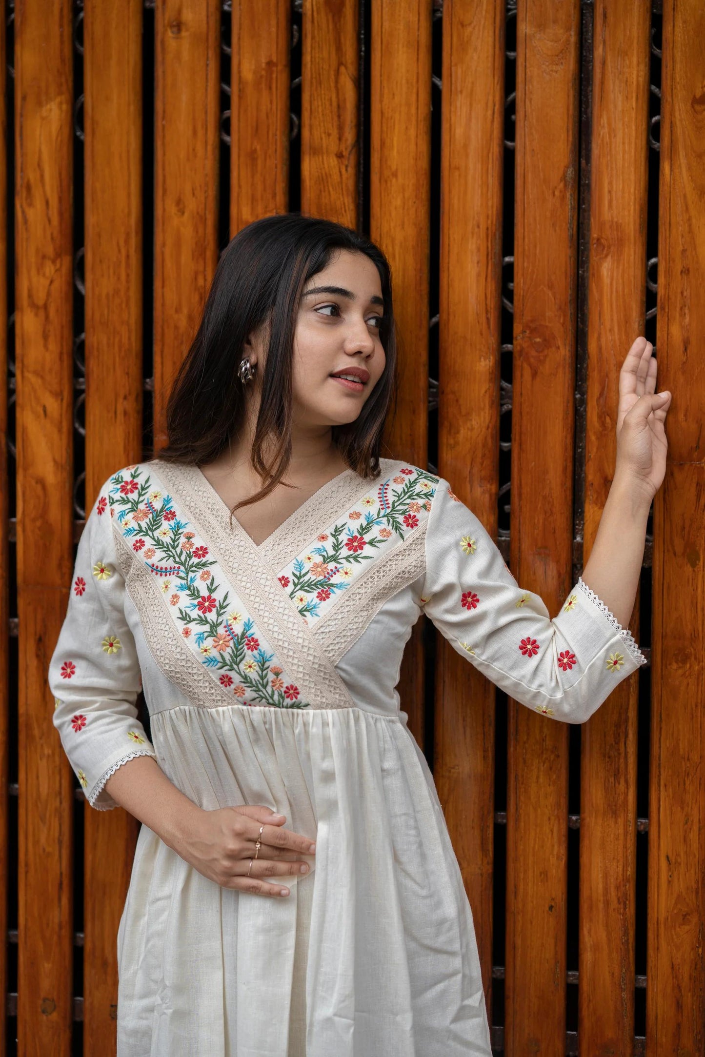 Off-White Floral Embroidered Midi Dress