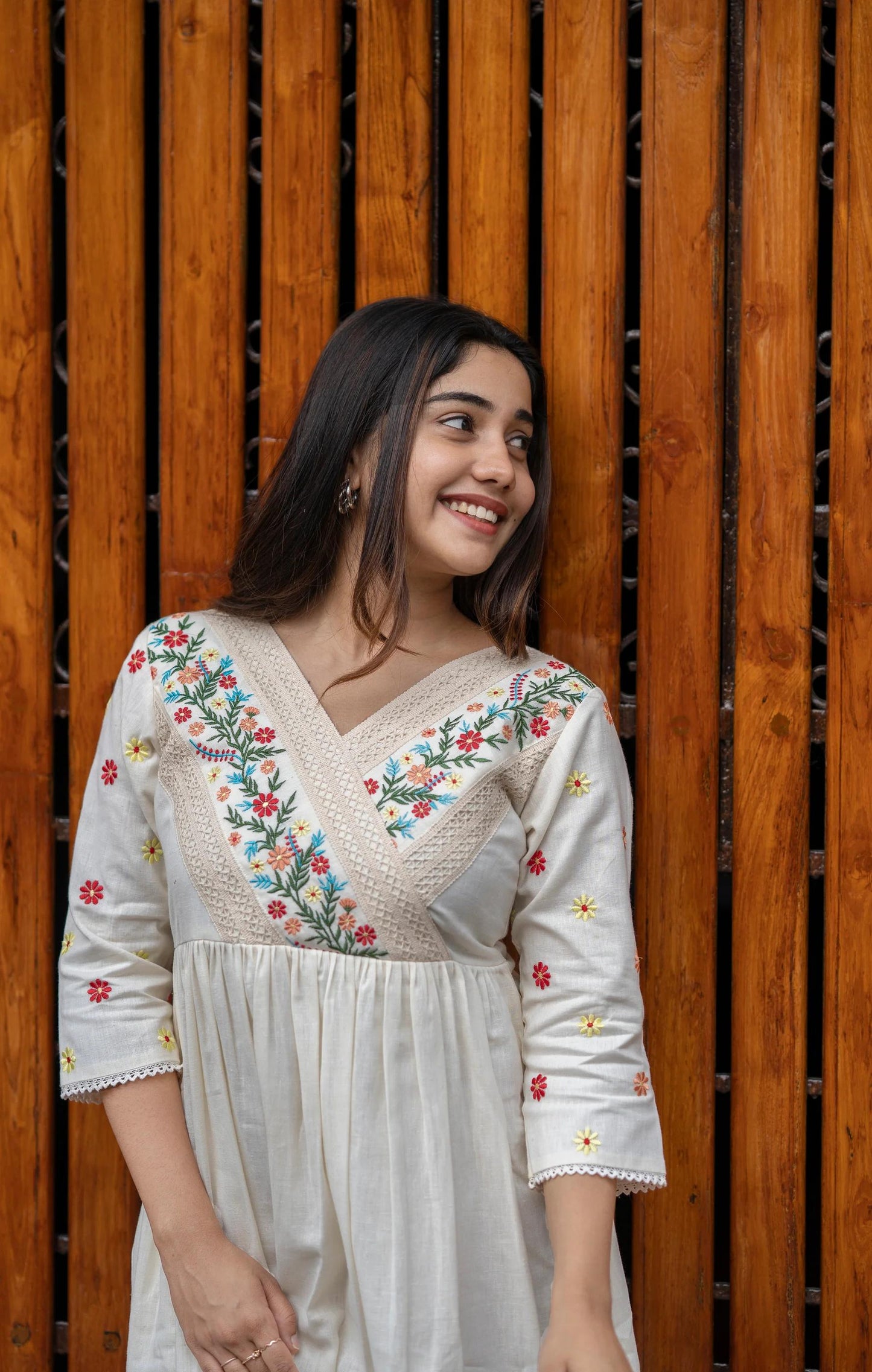 Off-White Floral Embroidered Midi Dress