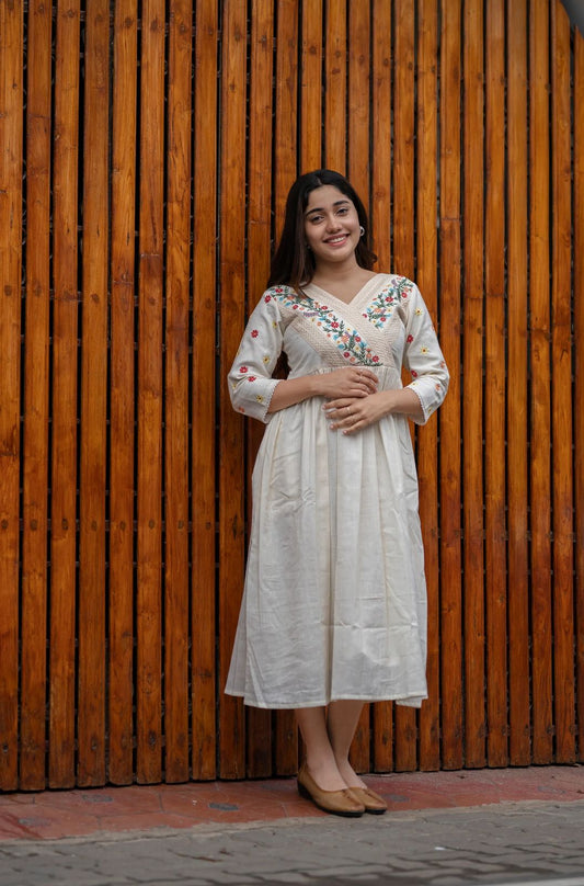 Off-White Floral Embroidered Midi Dress