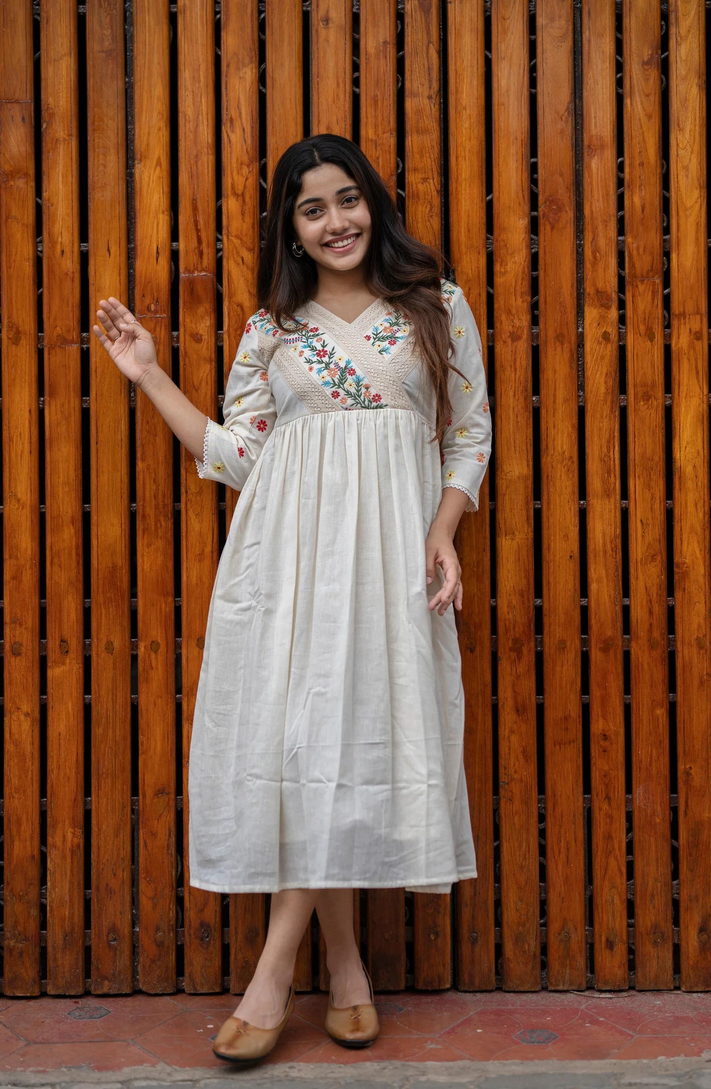 Off-White Floral Embroidered Midi Dress