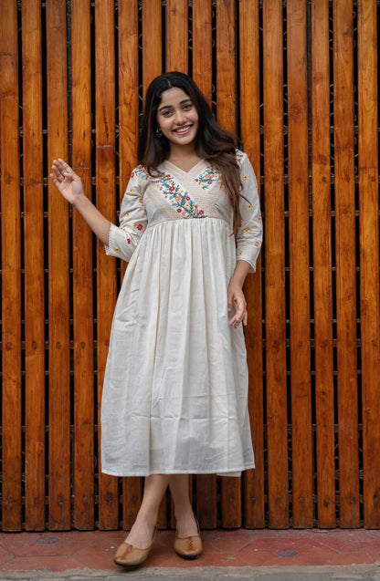 Off-White Floral Embroidered Midi Dress