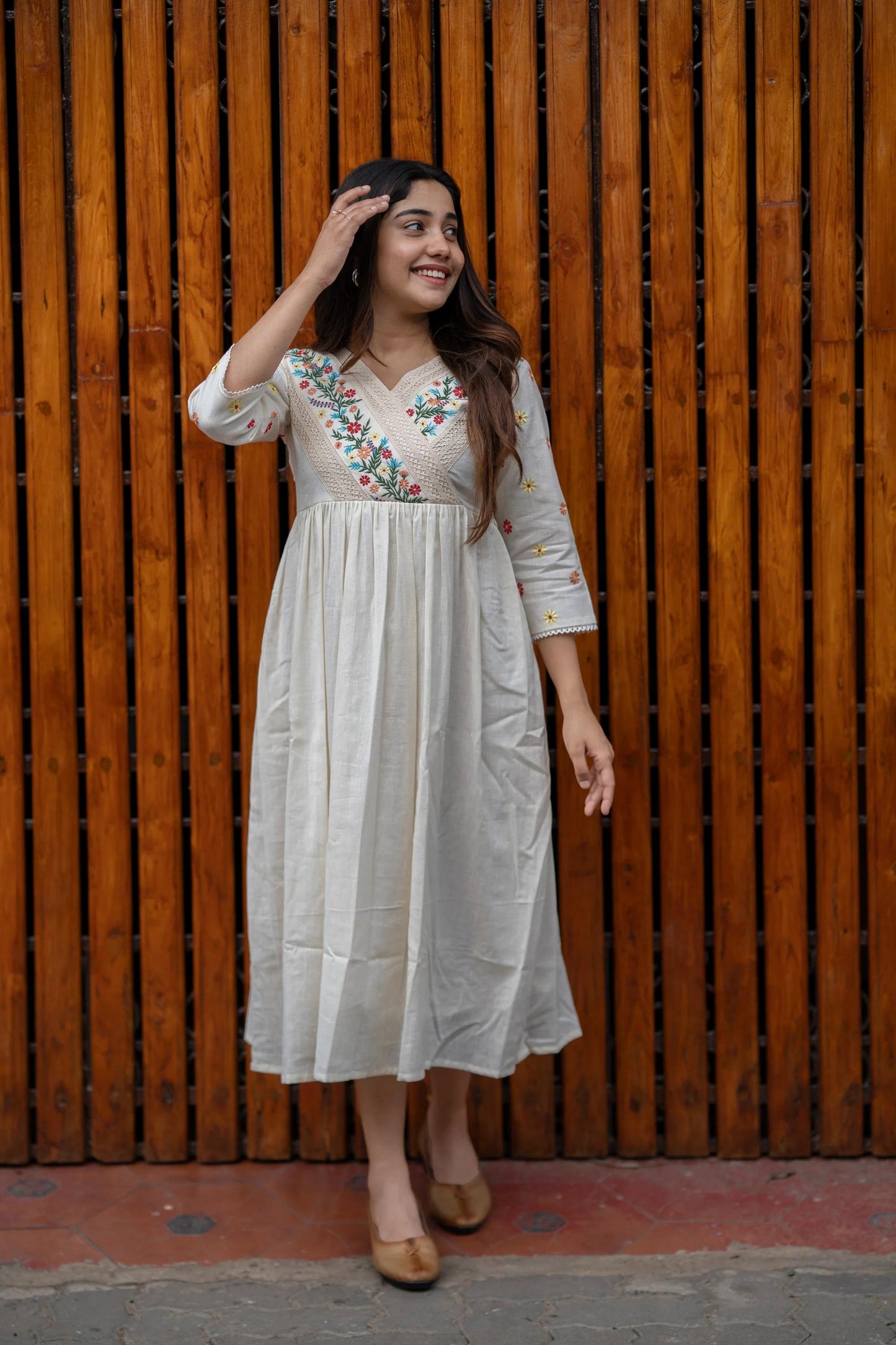 Off-White Floral Embroidered Midi Dress