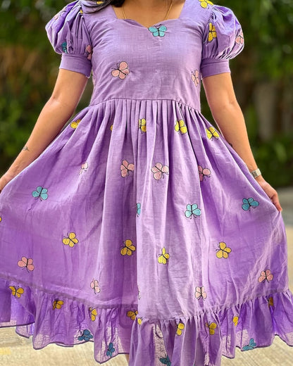 Designer Purple Butterfly Printed Midi Dress