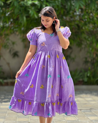 Designer Purple Butterfly Printed Midi Dress