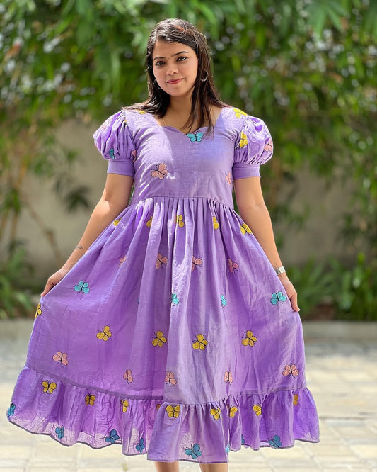 Designer Purple Butterfly Printed Midi Dress