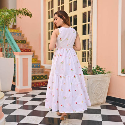 Elegant White Floral Printed Midi Dress