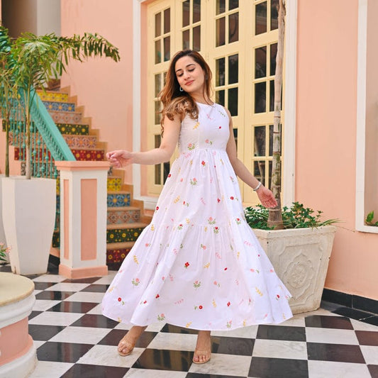 Elegant White Floral Printed Midi Dress