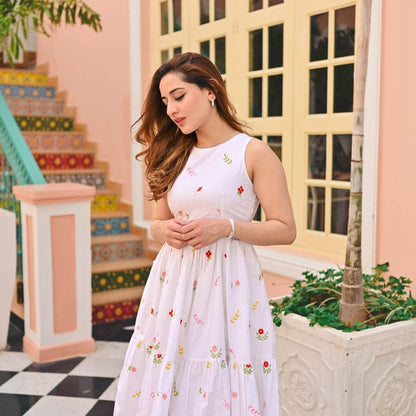 Elegant White Floral Printed Midi Dress