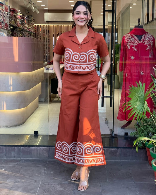 Stylish Orange Embroidered Co-ord Set
