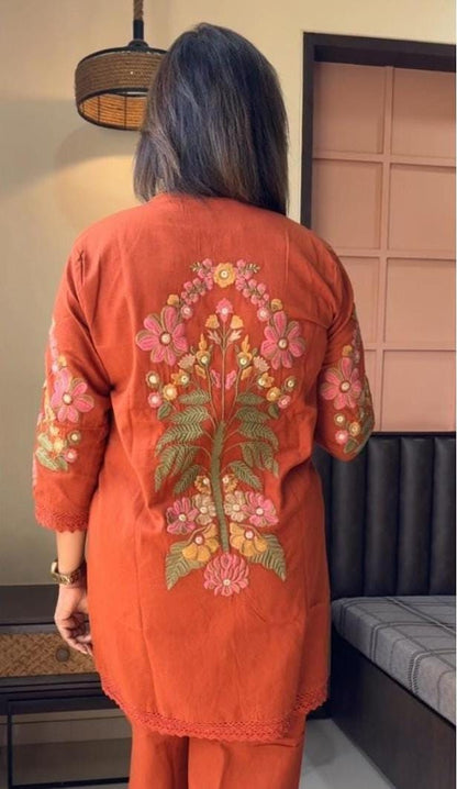 Elegant Orange Embroidered Co-ord Set