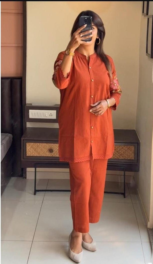 Elegant Orange Embroidered Co-ord Set