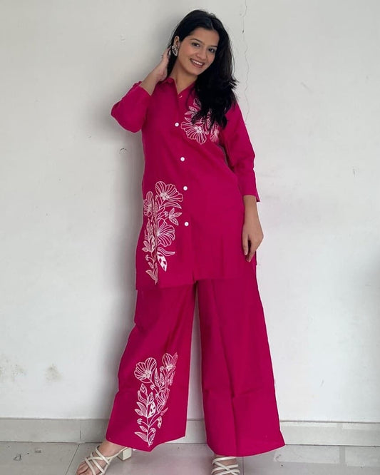 Solid Floral Embroidered Co-ord Set