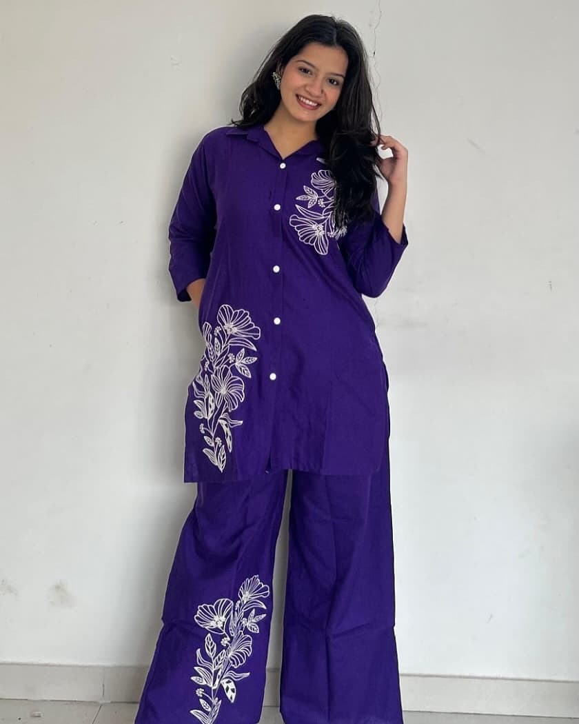 Solid Floral Embroidered Co-ord Set