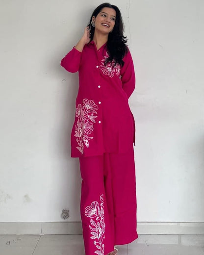Solid Floral Embroidered Co-ord Set